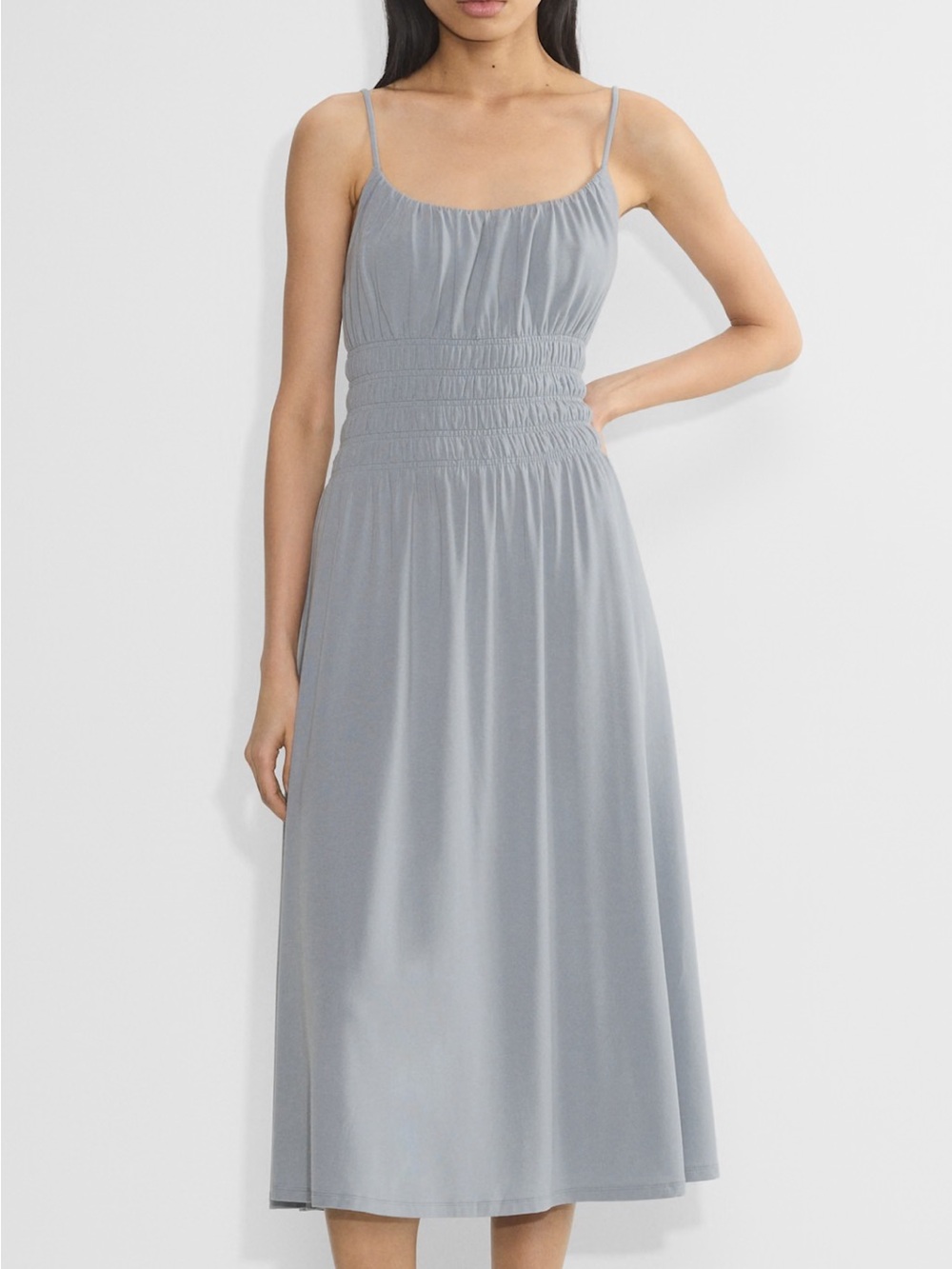 Aritzia Light Gray Smocked-Waist Spaghetti Strap Maxi Dress